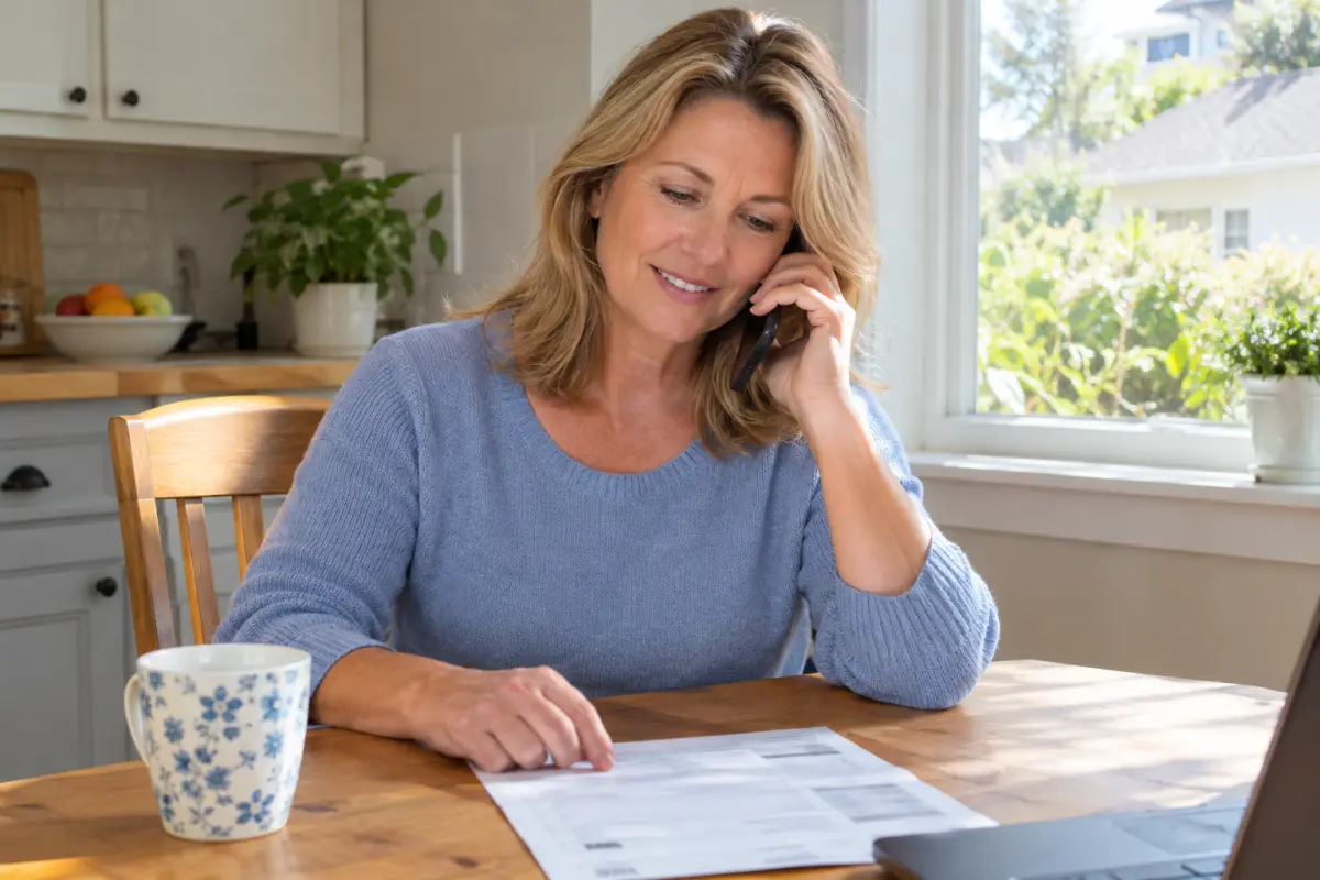 Homeowner at her kitchen table talking on her phone with a paper utility bill in front of her