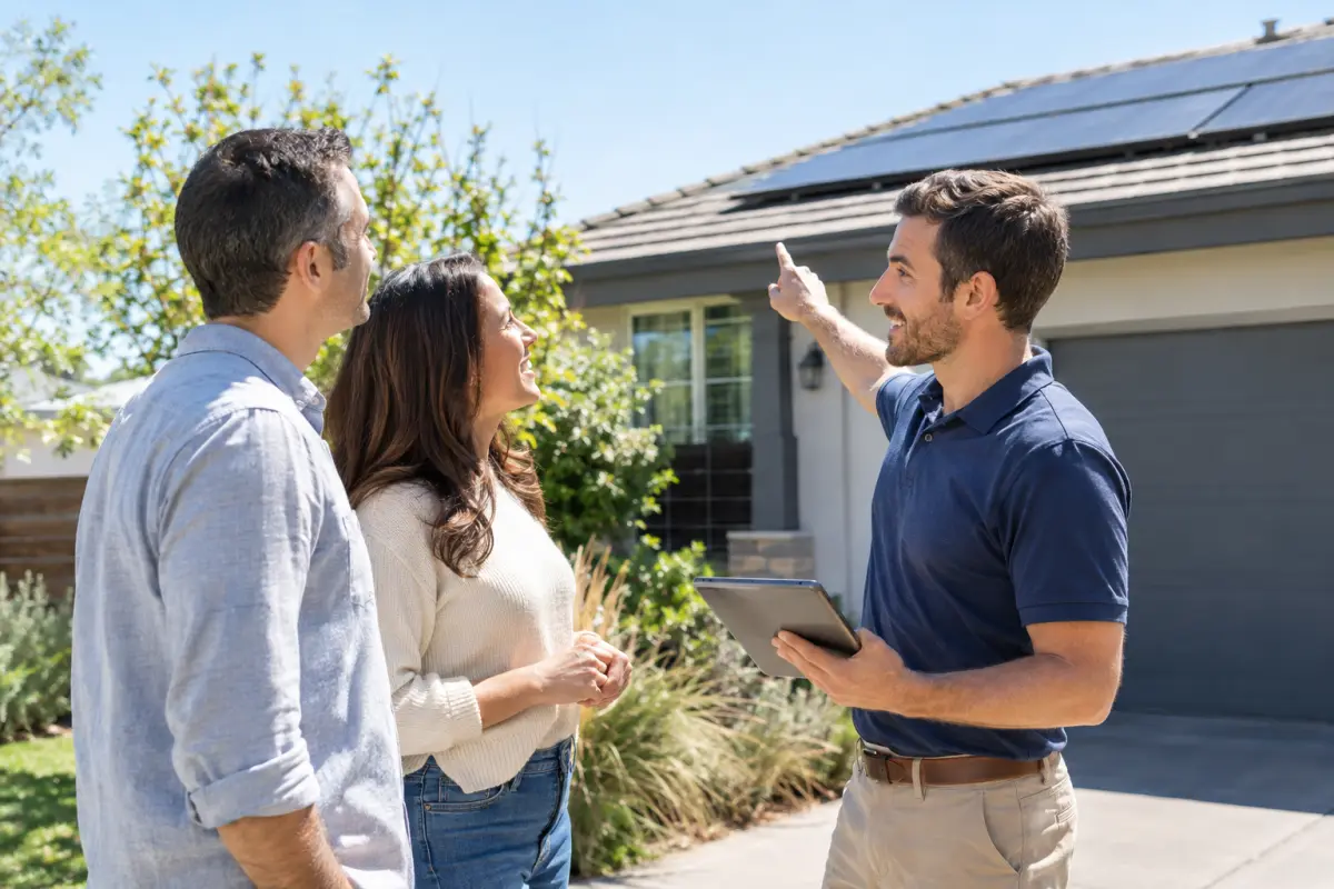 Solar consultant with a homeowner couple in their driveway pointing up at the roof