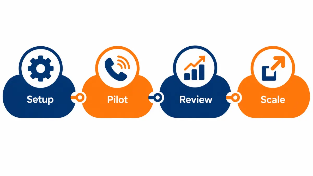 Timeline with four connected phases: setup, pilot, review and scale