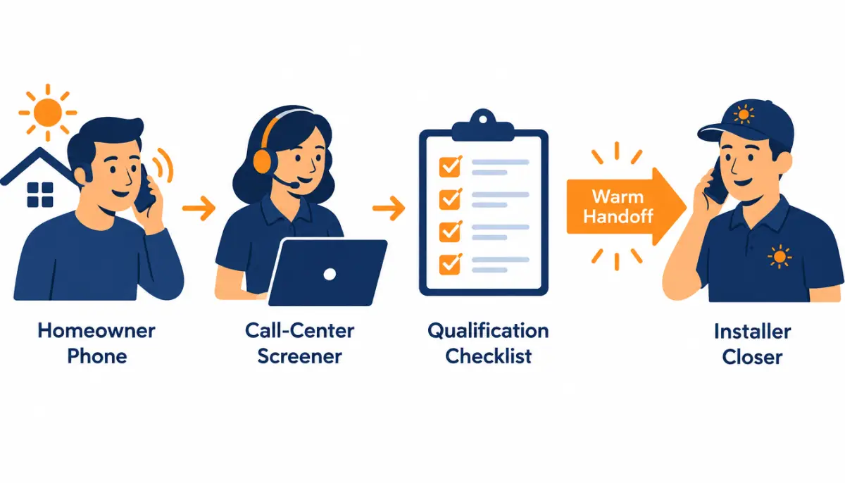 Diagram of a live transfer: homeowner phone, screener with headset, qualification checklist, warm handoff to installer closer