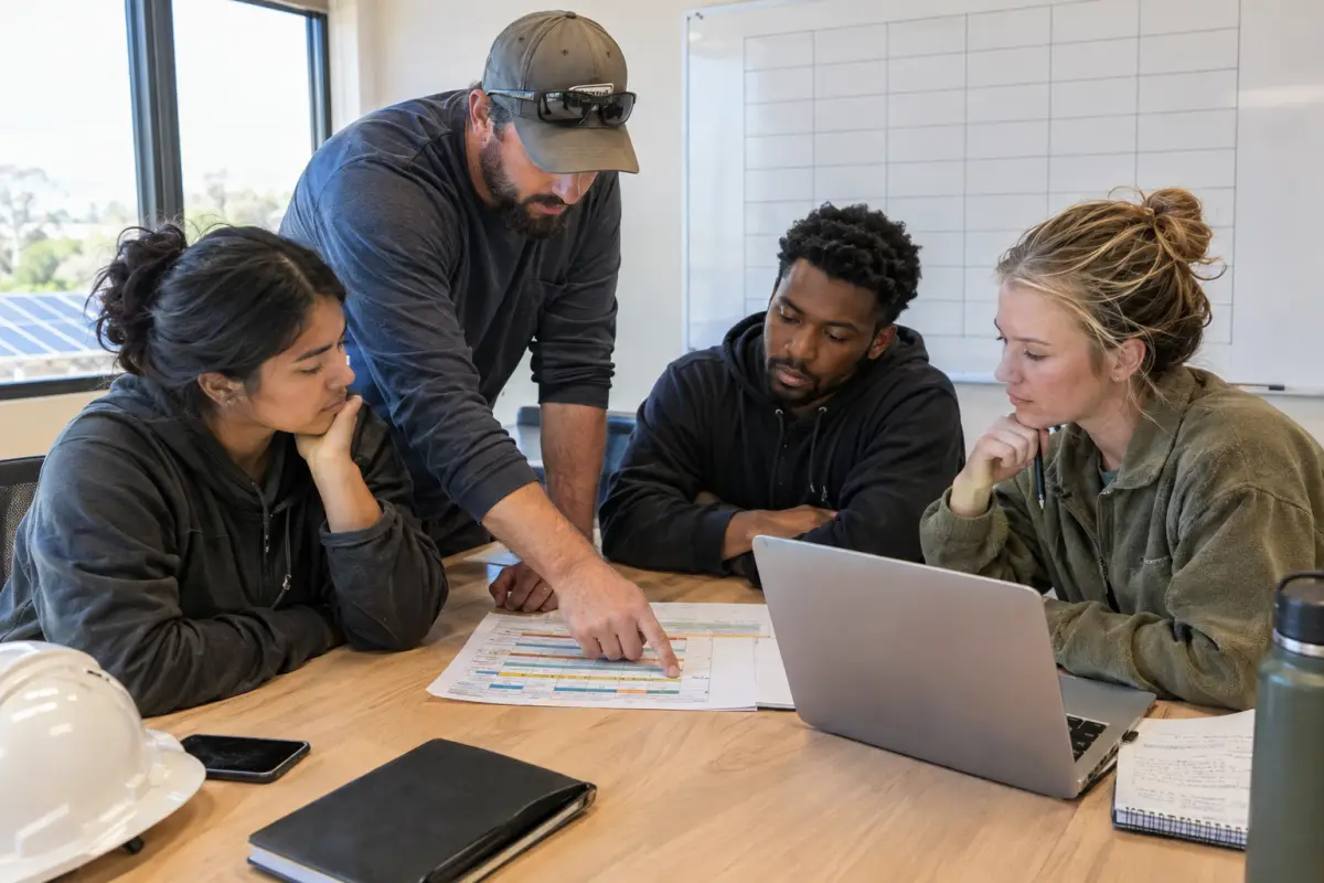 Small installer team reviewing a printed weekly scorecard together in a meeting room