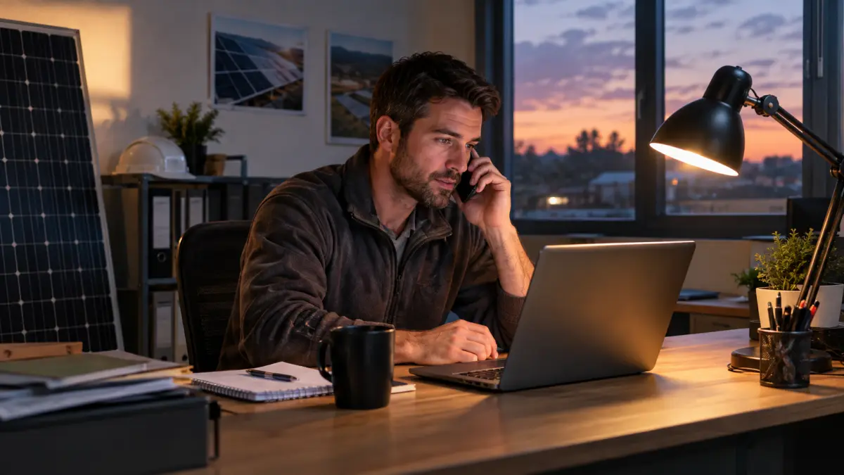 Small solar office in the evening with one staff member on a phone call at a lamp-lit desk