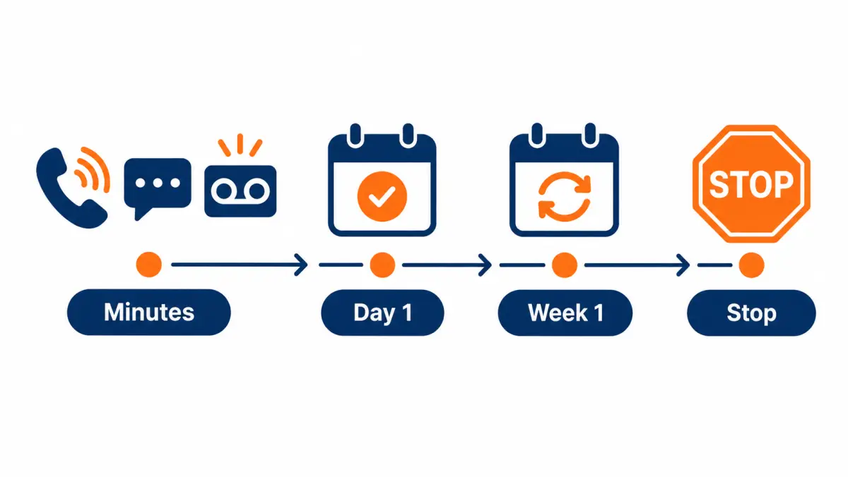 Timeline of a solar lead follow-up cadence from the first minutes through day one, the first week and stop
