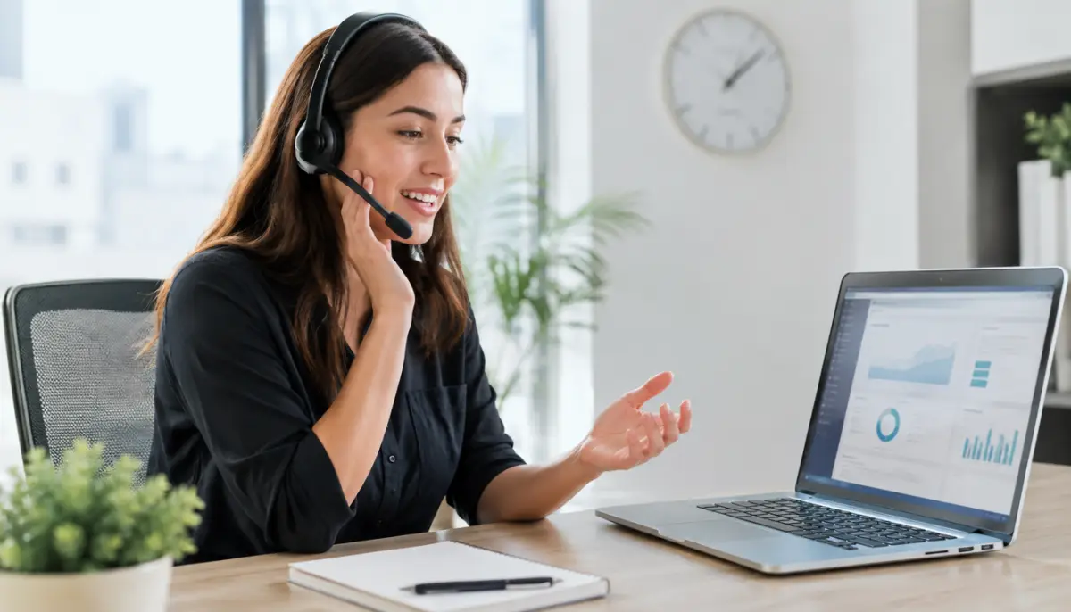 Solar appointment setter wearing a headset calling a new lead in a bright office