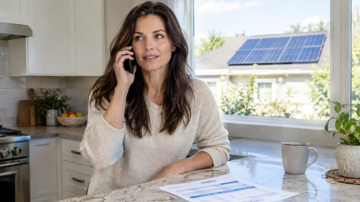 Homeowner in a kitchen answering a phone call with a utility bill on the counter