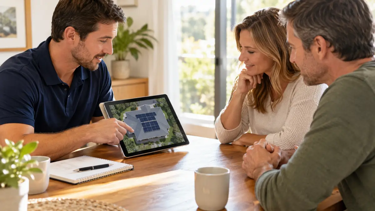 Solar consultant at a dining table reviewing a tablet roof layout with a homeowner couple