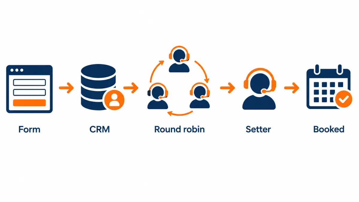 Diagram of a solar lead flowing from a web form into a CRM, through round-robin routing to setters, and onto a booked calendar