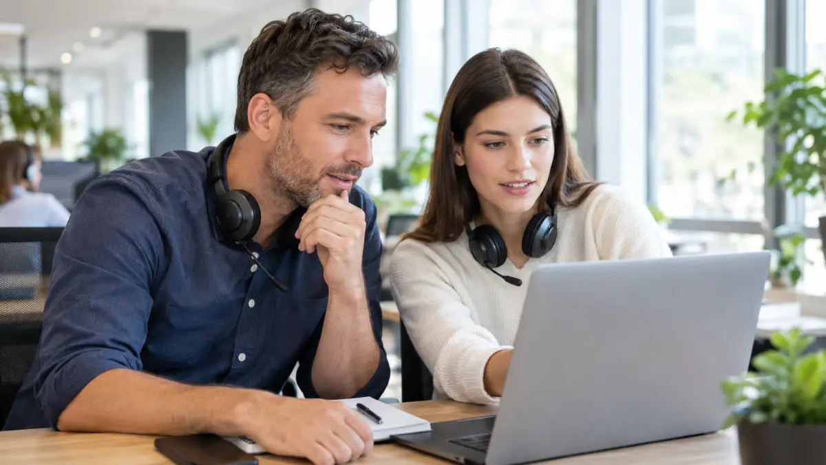 Sales manager beside an appointment setter reviewing call recordings on a laptop