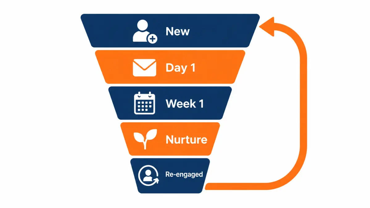 Funnel diagram from new lead through day one and week one into nurture, with a loop back to re-engaged