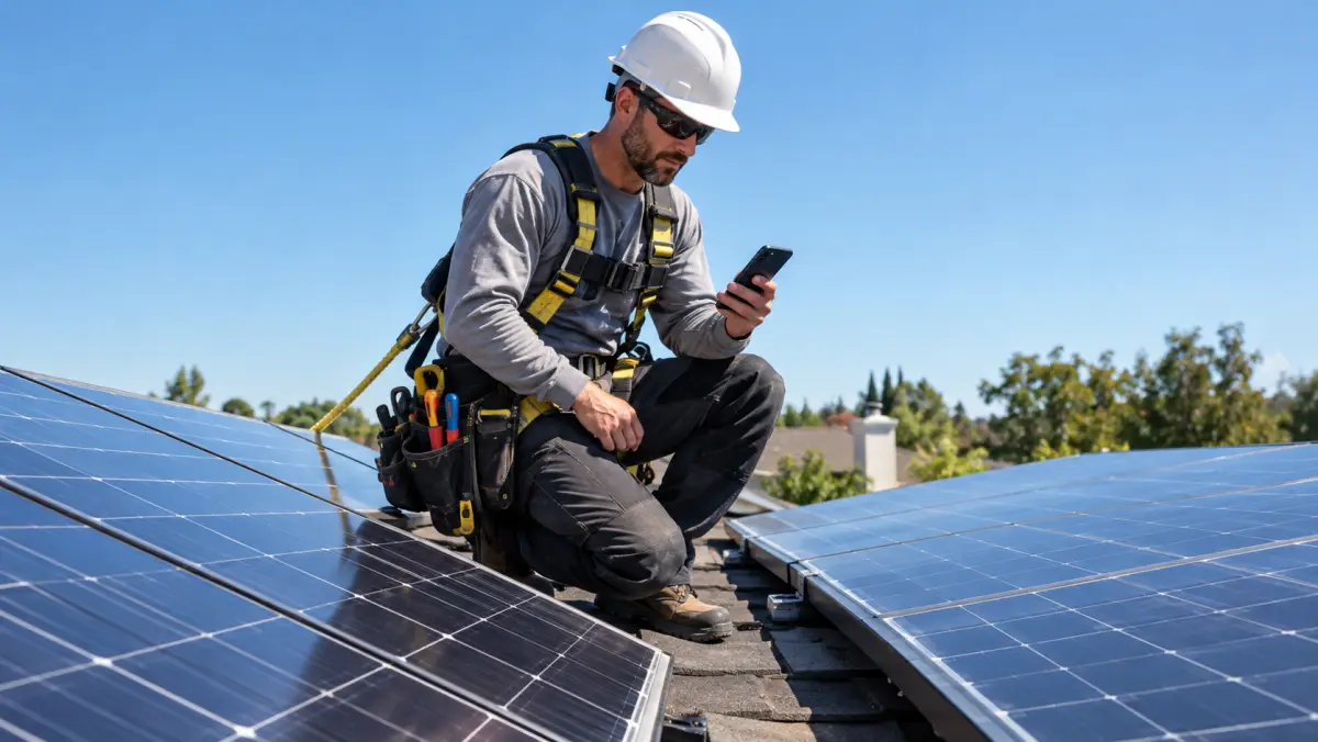 Solar installer owner-operator on a rooftop pausing to check a smartphone between panel rows