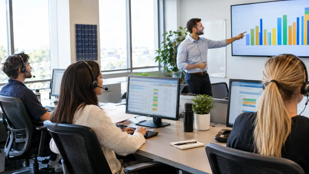 Solar sales team on headsets with a manager reviewing charts on a wall screen