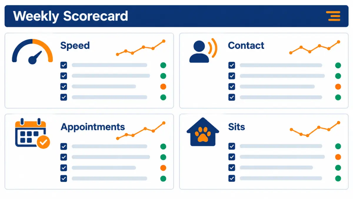 Weekly scorecard dashboard layout with gauges, trend lines and status indicators