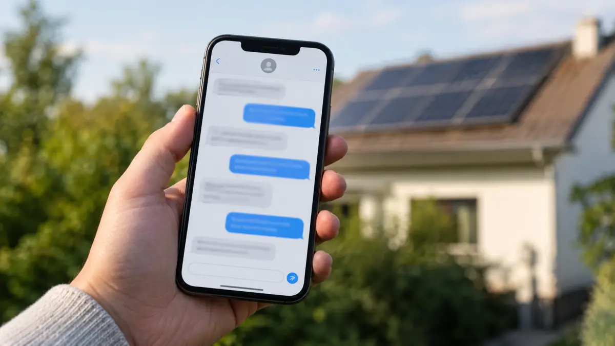 Hand holding a smartphone showing a messaging conversation with a solar home in the background